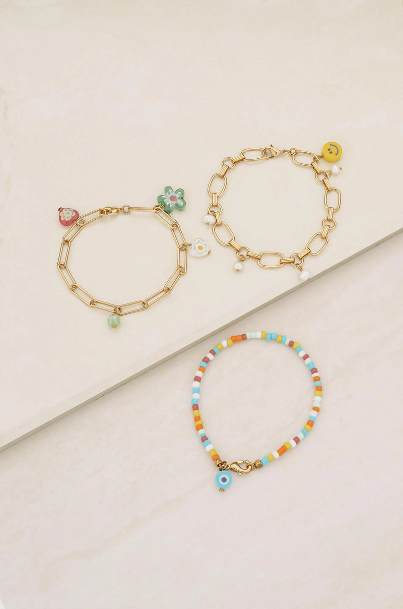 Happiness Beaded and 18k Gold Plated Charm Bracelet Set
