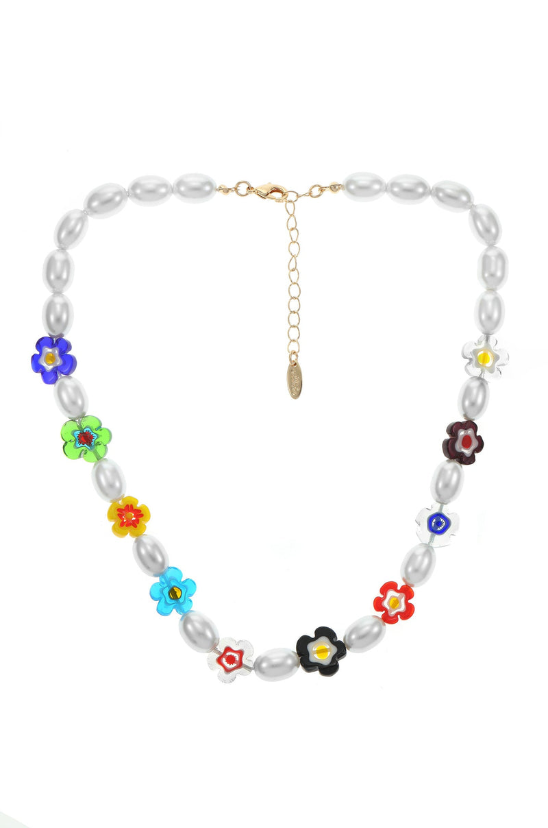 Millennia Rising Pearl and Flower Beaded 18k Gold Plated Necklace // Ettika