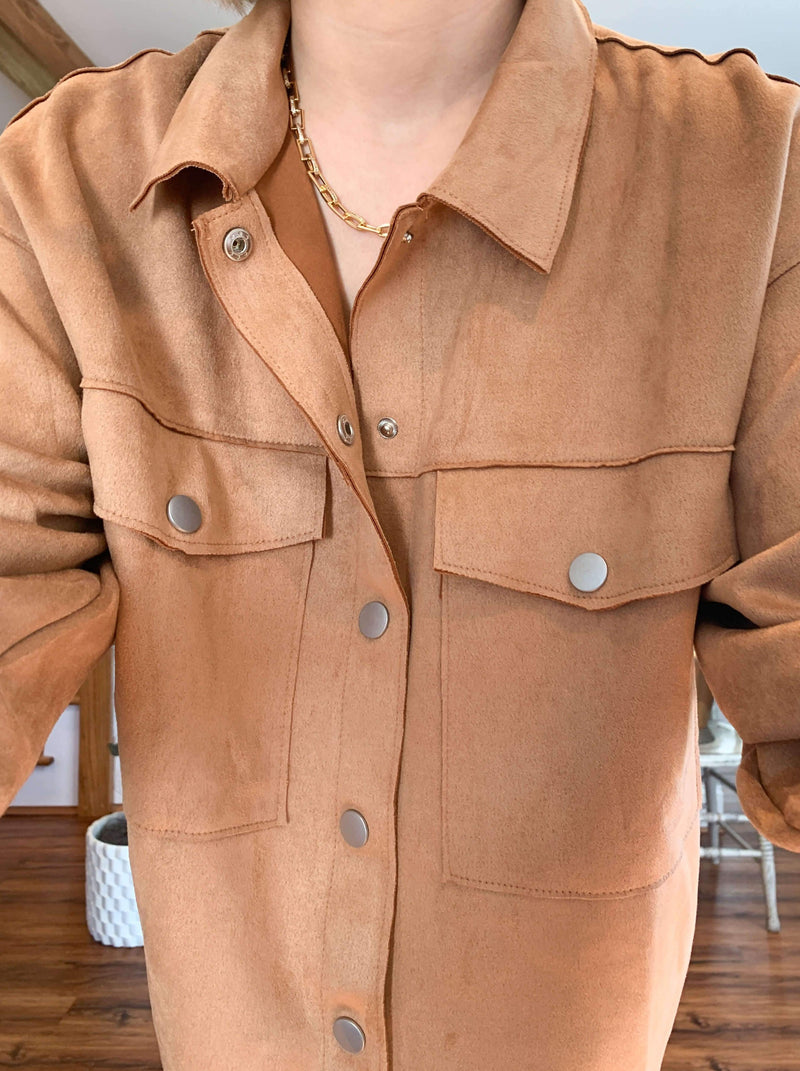 "Toffee" Camel Faux Suede Oversized Shirt Jacket