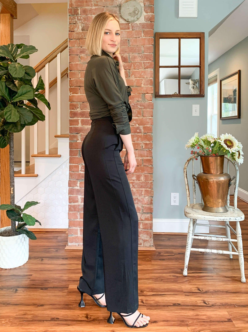 RACK SALE "Maeve" High Waisted Black Wide Leg Pants with Front Seam and Pockets